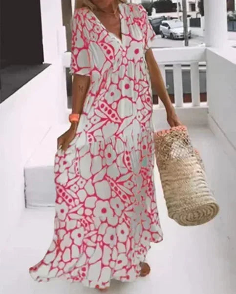 Robe Longue Été Femme Col V Manches Courtes Fleurie 4 Coloris | ROBEMODE