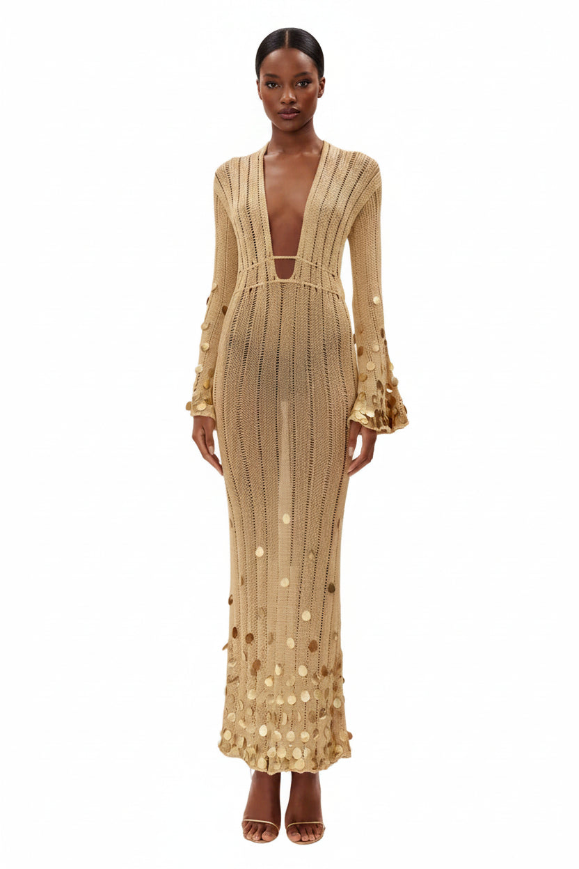 Robe Longue Femme Dorée Sequins Manches Longues Soirée | ROBEMODE