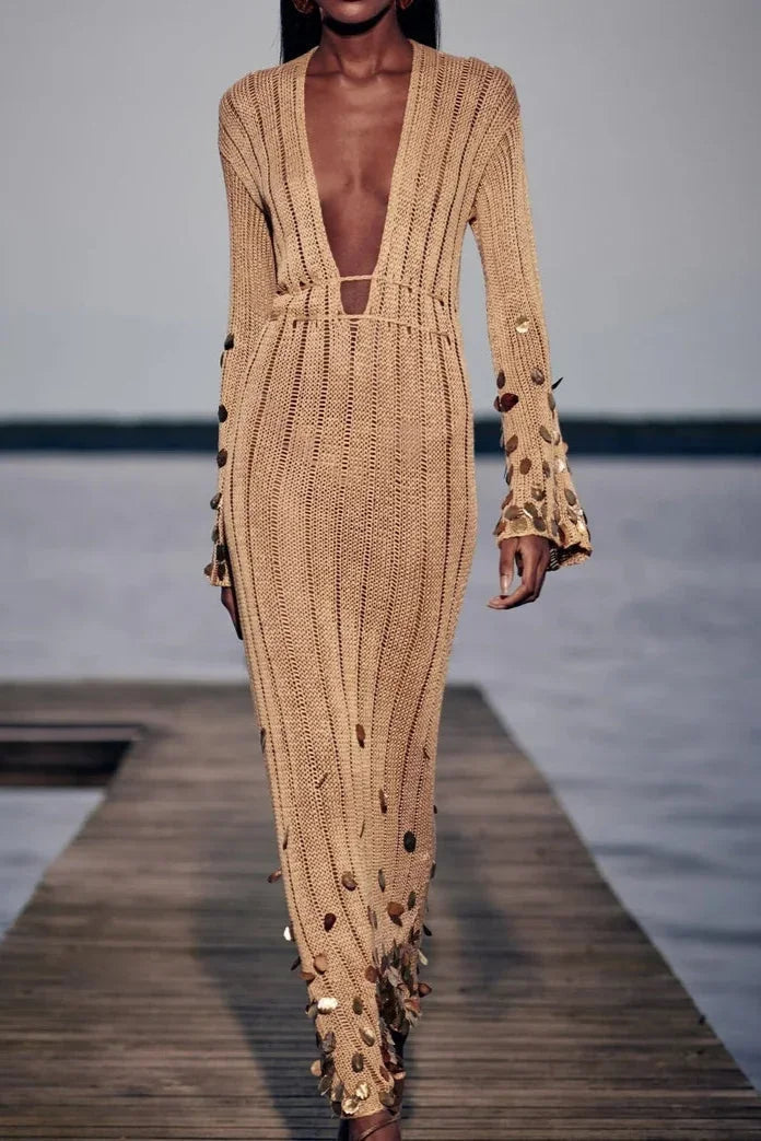 Robe Longue Femme Dorée Sequins Manches Longues Soirée | ROBEMODE