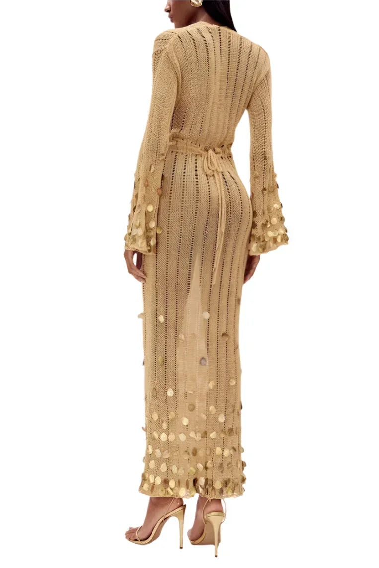 Robe longue femme dorée avec sequins et manches longues