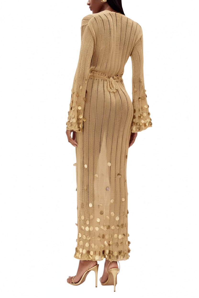 Robe Longue Femme Dorée Sequins Manches Longues Soirée | ROBEMODE