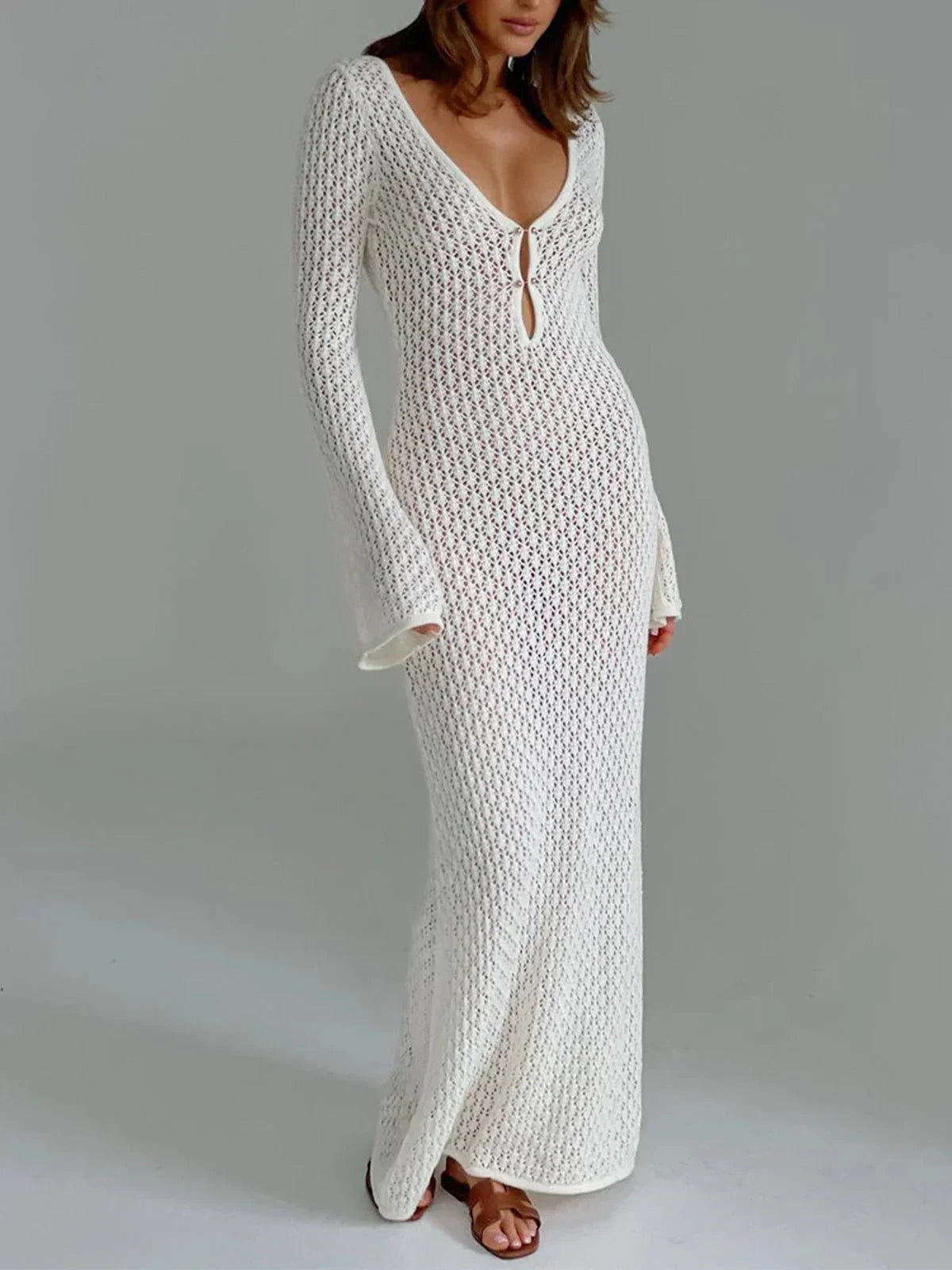 Robe longue femme crochetée manches longues ajourées | ROBEMODE