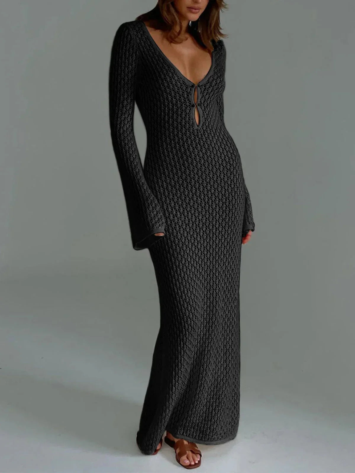 Robe longue femme crochetée manches longues ajourées | ROBEMODE