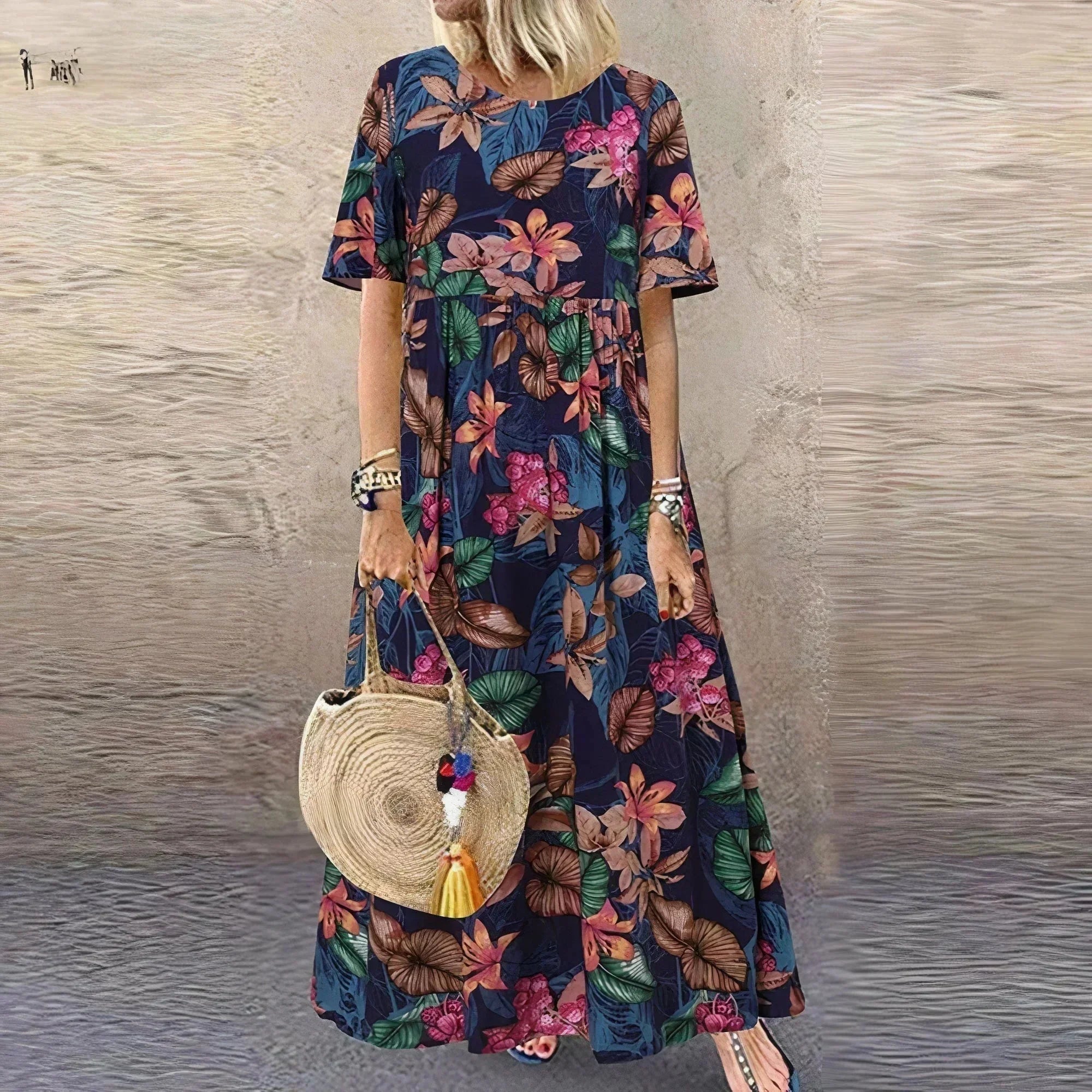 Robe Longue Femme Motif Botanique à Volants | Noir Vert Blanc Jaune + Manches Courtes | ROBEMODE