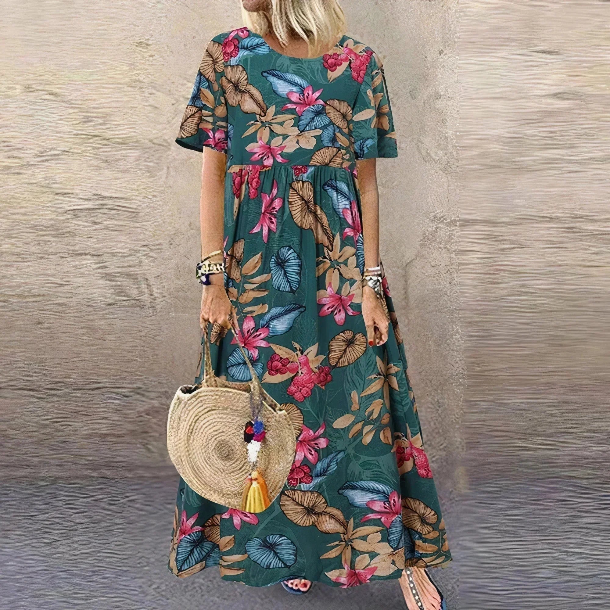 Robe Longue Femme Motif Botanique à Volants | Noir Vert Blanc Jaune + Manches Courtes | ROBEMODE