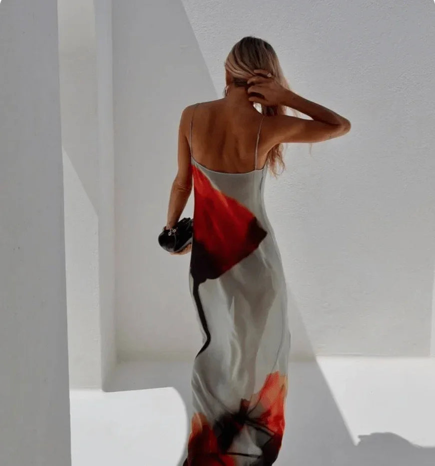 Robe longue femme rouge grise imprimée à bretelles fines | ROBEMODE