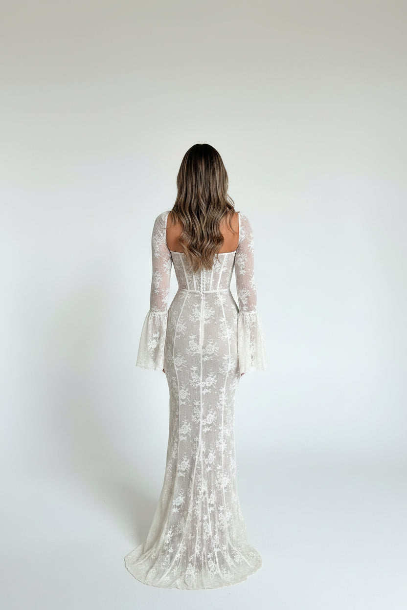 Robe longue blanche dentelle manches longues soirées élégantes | ROBEMODE