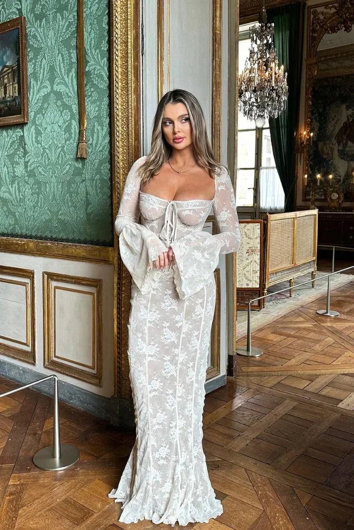 Robe longue blanche dentelle manches longues soirées élégantes | ROBEMODE