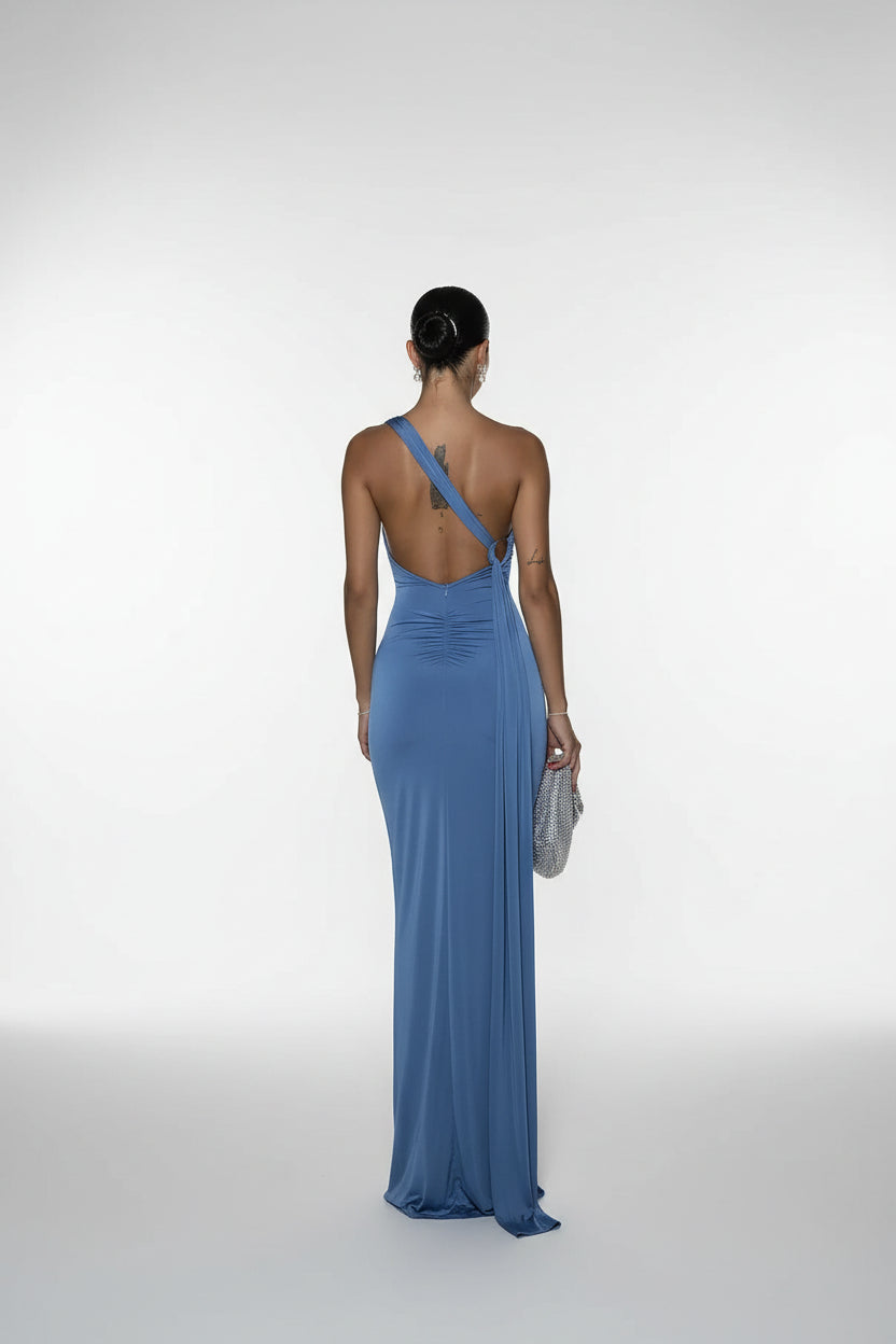 Robe longue femme bleue fendue asymétrique sans manches | ROBEMODE