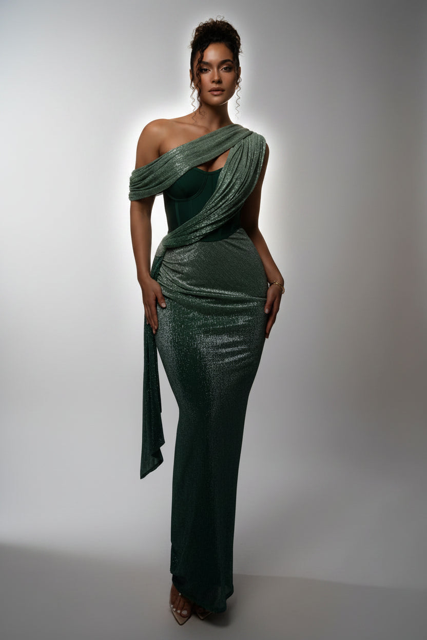 Robe longue soirée asymétrique scintillante bretelle | ROBEMODE
