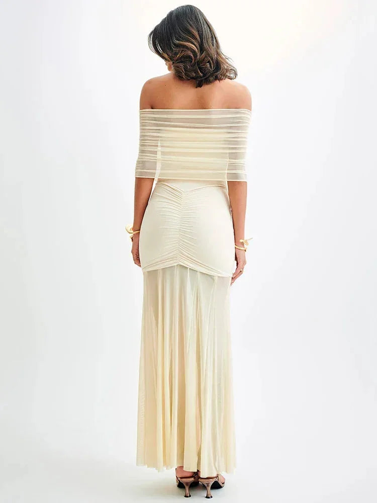 Robe Longue Bardot Ruchée Manches Courtes Soirée 2 Coloris | ROBEMODE
