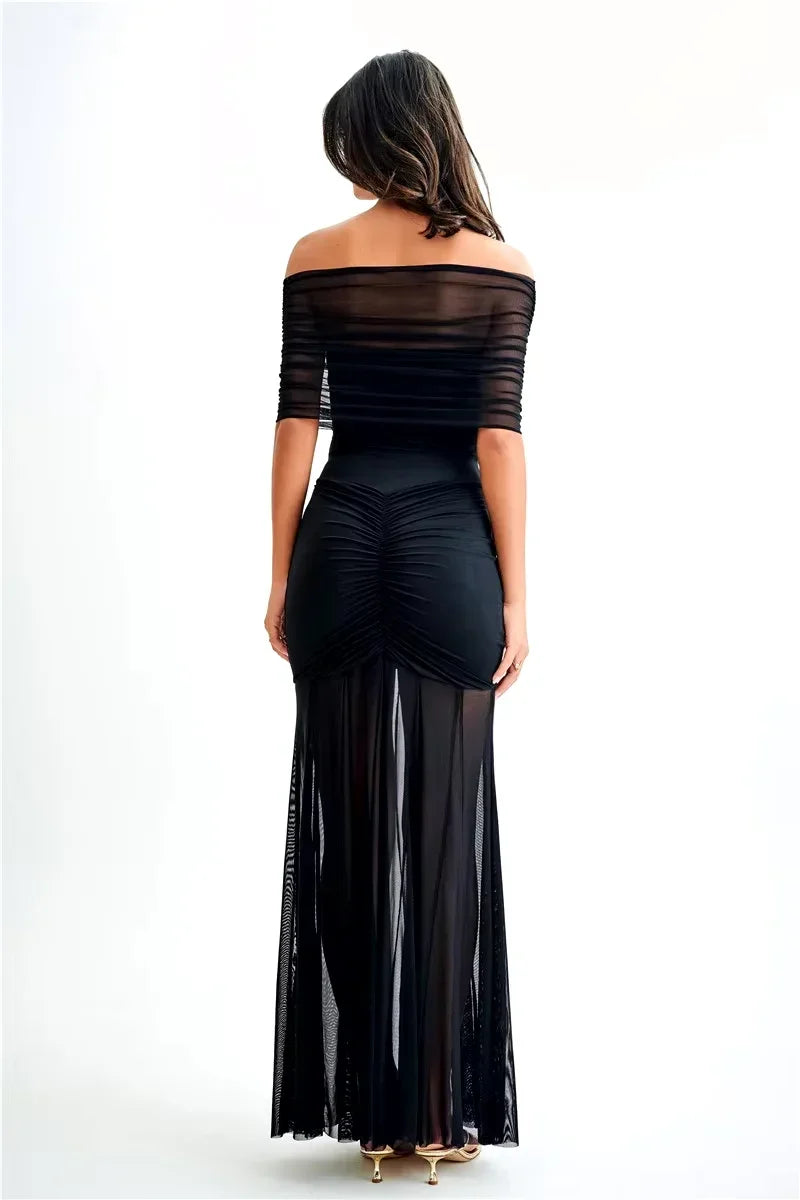 Robe Longue Bardot Ruchée Manches Courtes Soirée 2 Coloris | ROBEMODE