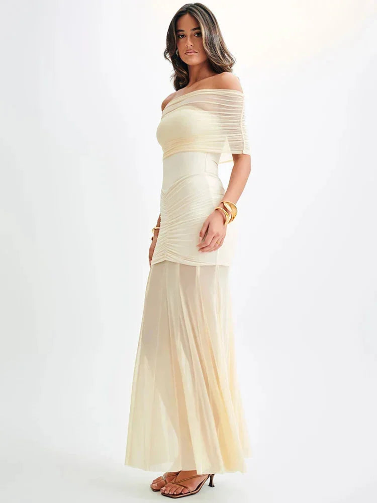 Robe Longue Bardot Ruchée Manches Courtes Soirée 2 Coloris | ROBEMODE
