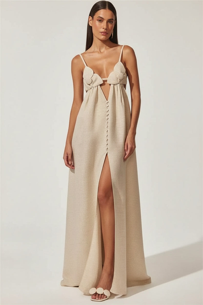 Robe longue femme beige fendue avec fleurs 3D | ROBEMODE
