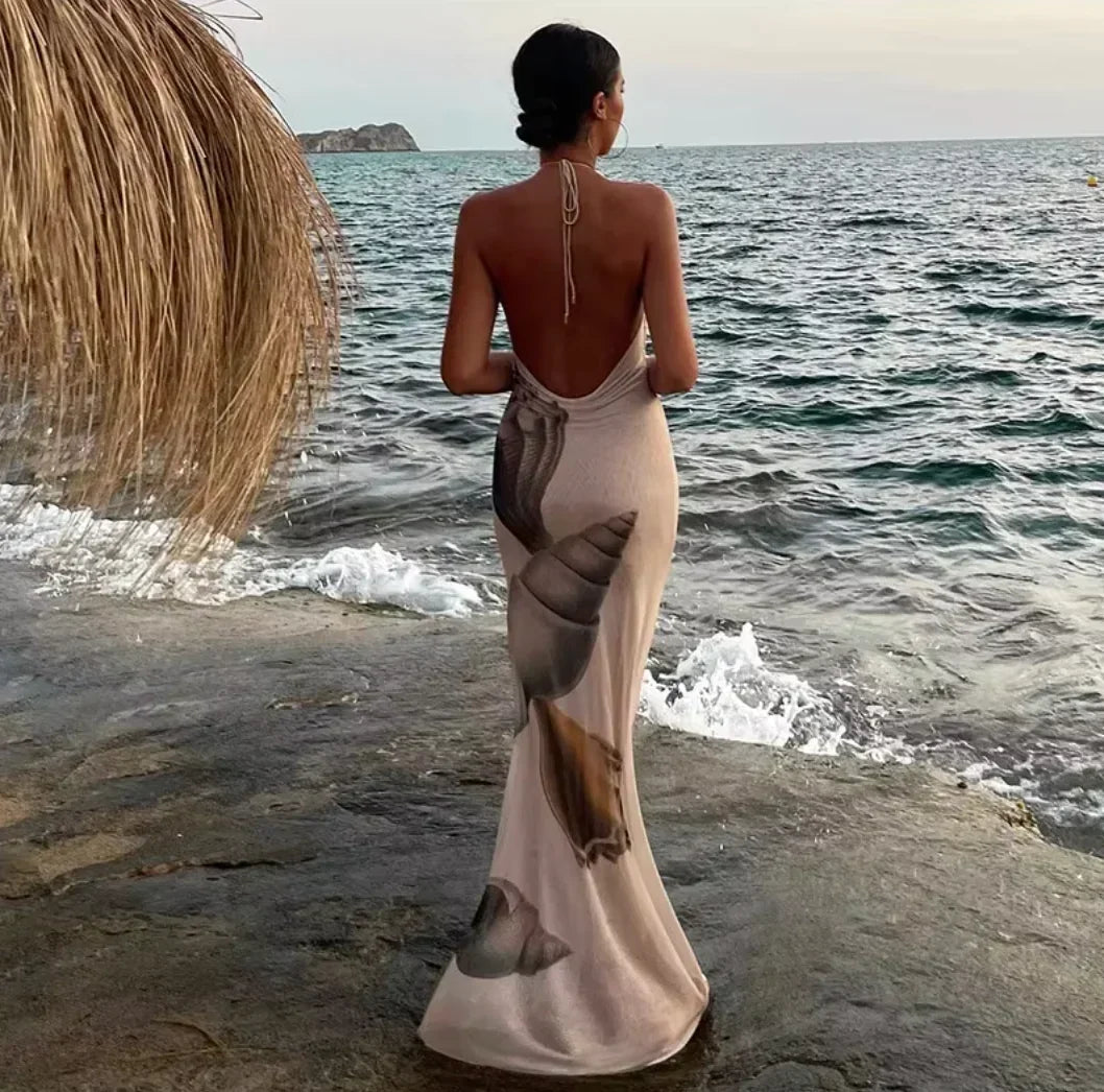 Robe longue femme sans manches beige motif coquillage | Coupe féminine + Style élégant + Facile à accessoiriser – ROBEMODE