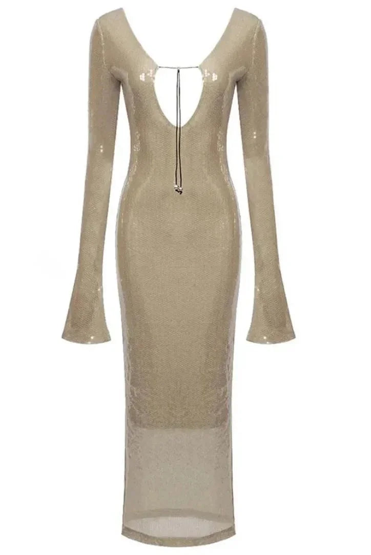 Robe longue femme beige pailletée manches longues col V | ROBEMODE