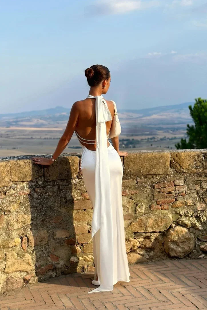 Robe Longue Blanche Femme Dos Ouvert Nœud Détails Perles | ROBEMODE
