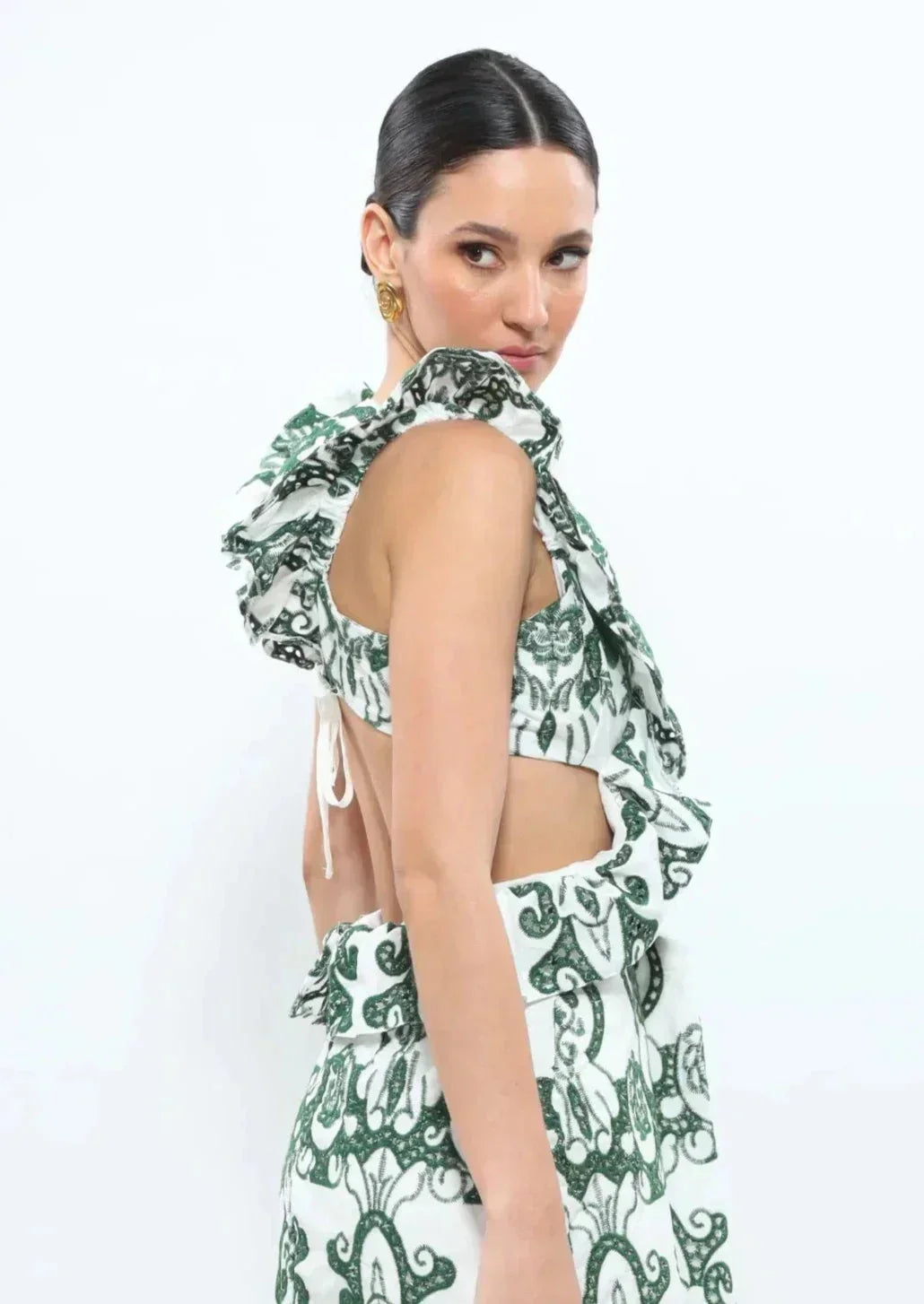 Robe longue femme imprimée vert et blanc à volants | ROBEMODE