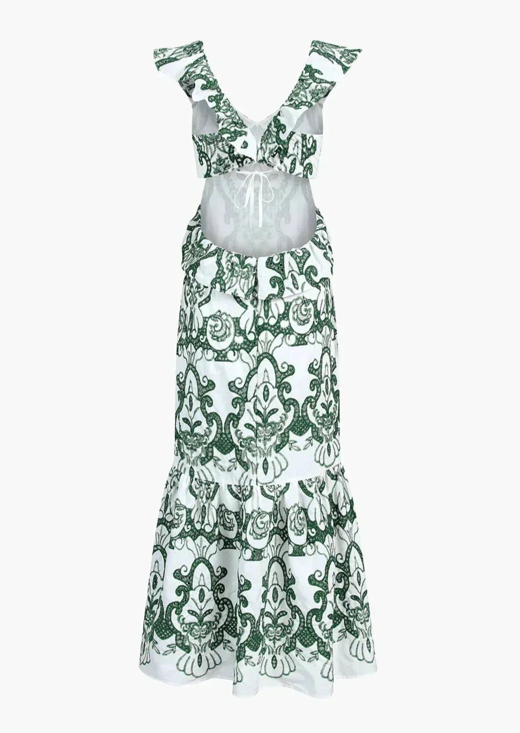 Robe longue femme imprimée vert et blanc à volants | ROBEMODE