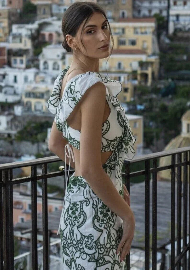 Robe longue femme imprimée vert et blanc à volants | ROBEMODE