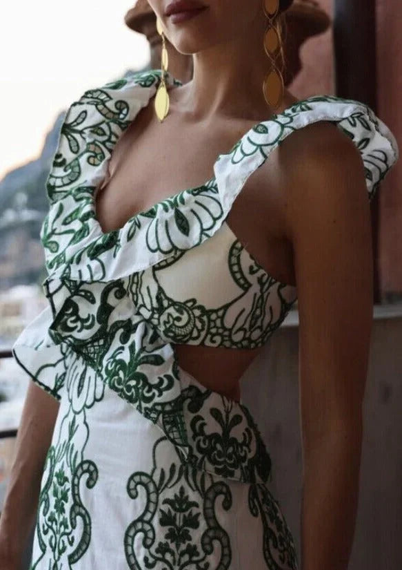 Robe longue femme imprimée vert et blanc à volants | ROBEMODE