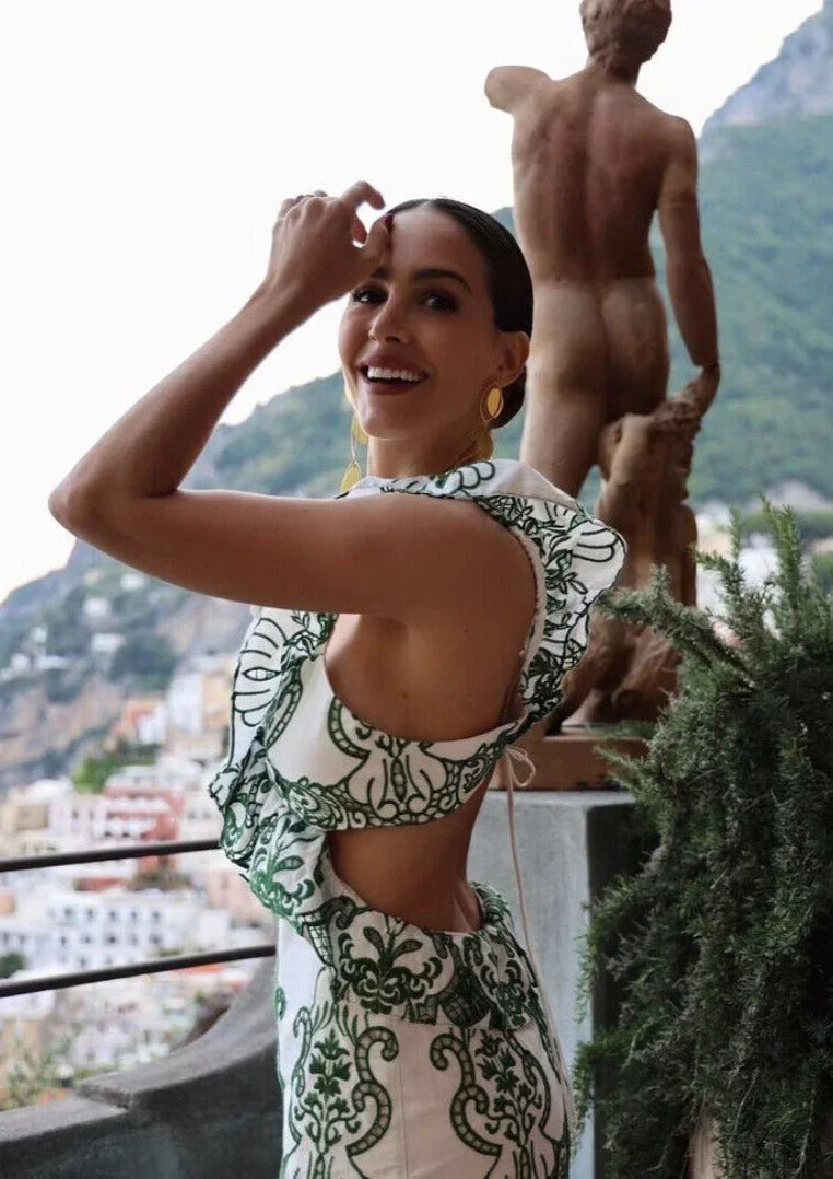 Robe longue femme imprimée vert et blanc à volants | ROBEMODE