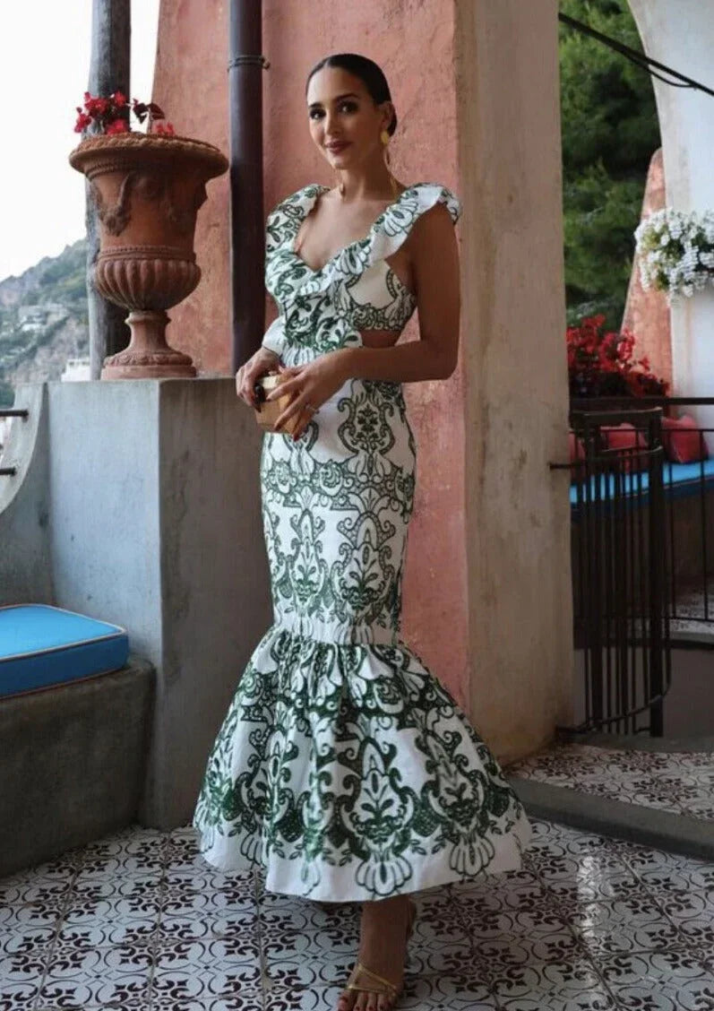 Robe longue femme imprimée vert et blanc à volants | ROBEMODE