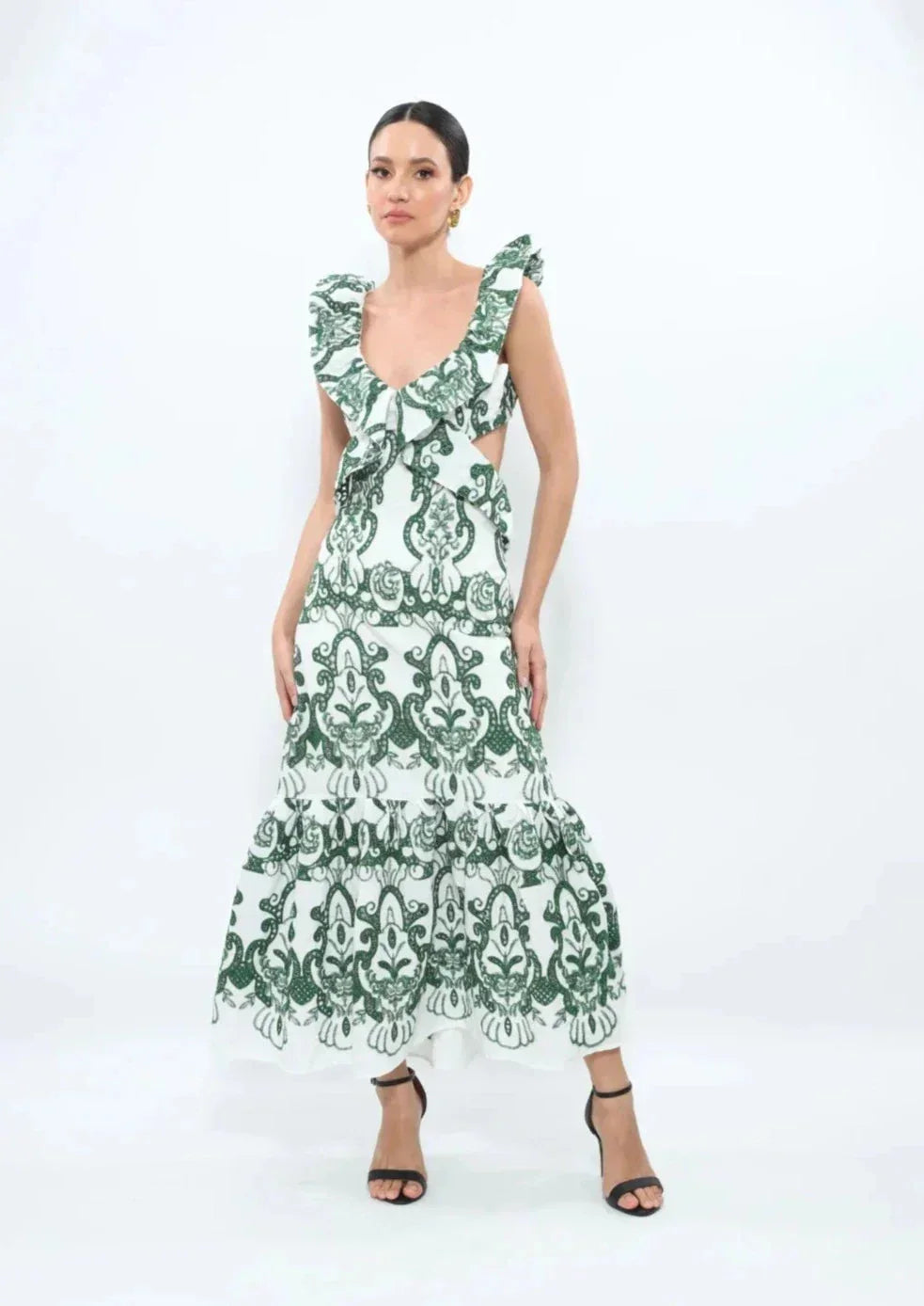 Robe longue femme imprimée vert et blanc à volants | ROBEMODE