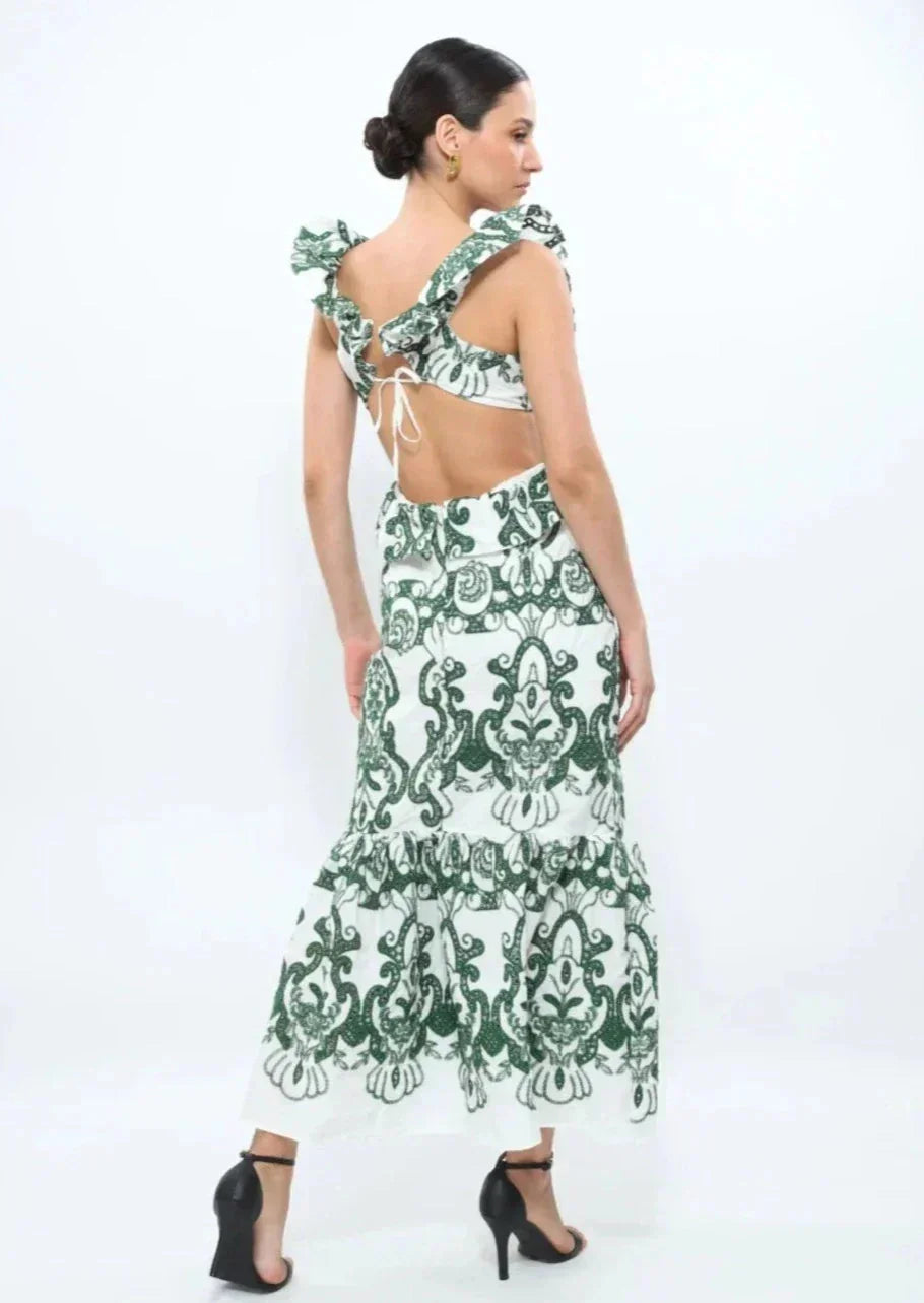 Robe longue femme imprimée vert et blanc à volants | ROBEMODE