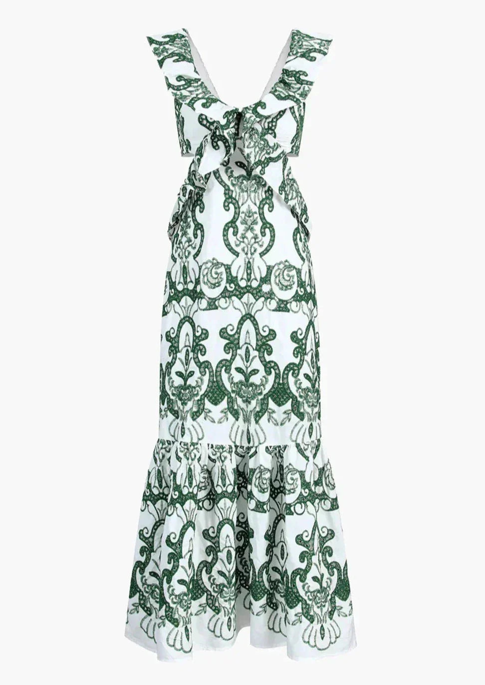 Robe longue femme imprimée vert et blanc à volants | ROBEMODE