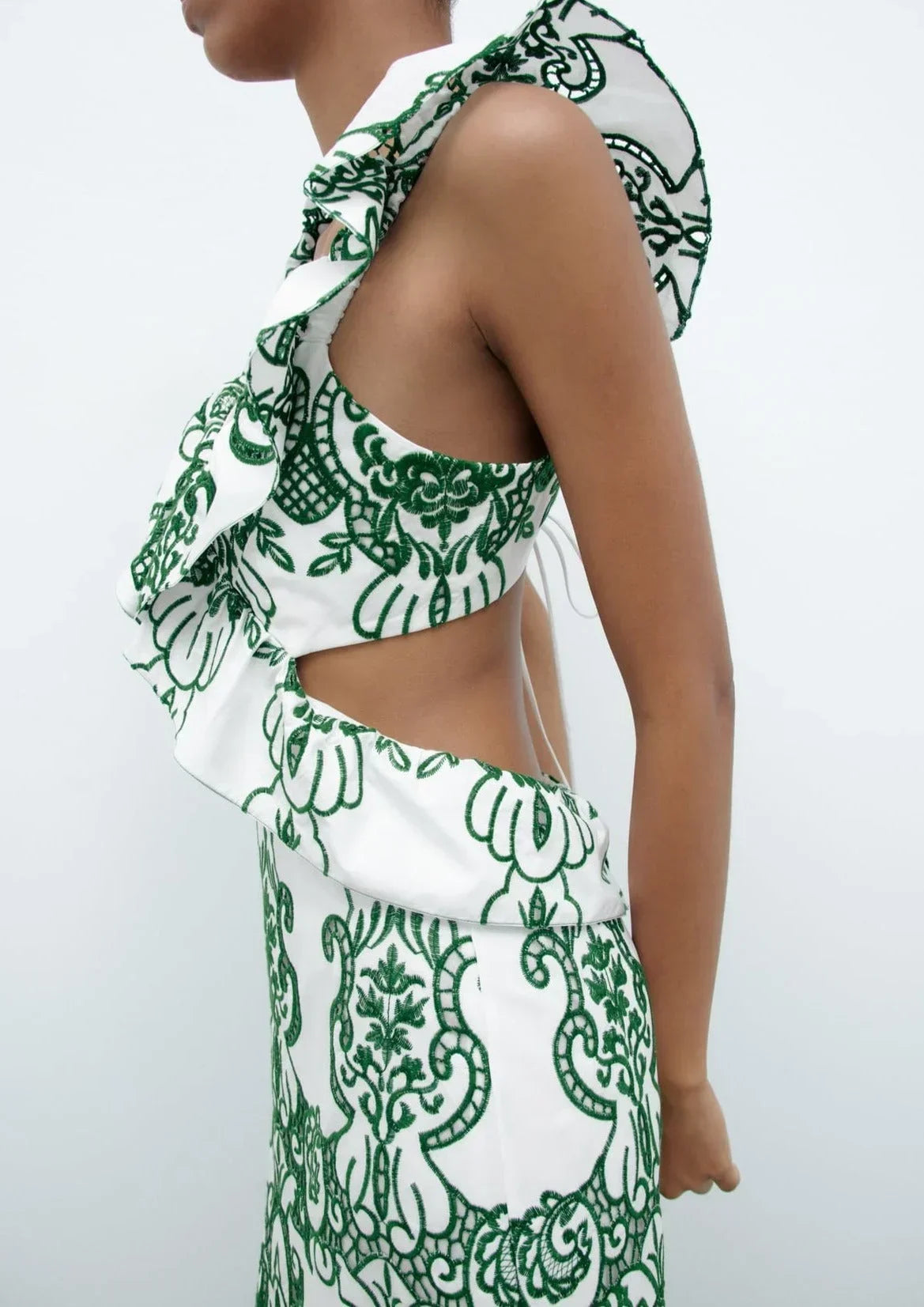 Robe longue femme imprimée vert et blanc à volants | ROBEMODE