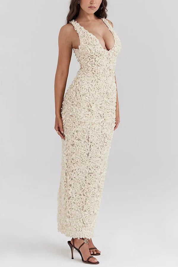Robe longue dos nu blanche florale pour soirée été | ROBEMODE