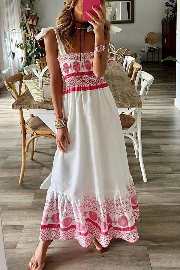 Robe longue blanche motifs roses encolure carrée | Coupe féminine + Style élégant + Facile à accessoiriser – ROBEMODE