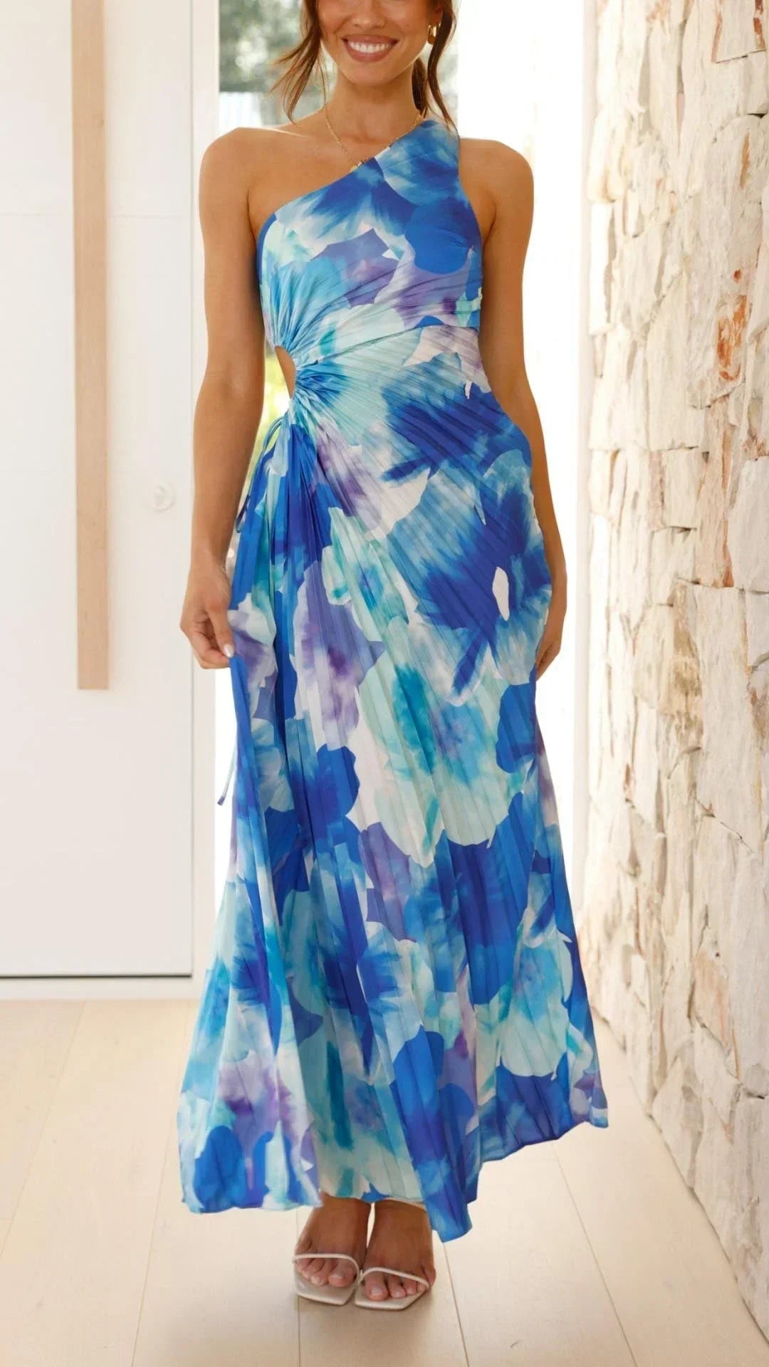 Robe longue femme florale bleue à une épaule été | Coupe féminine + Style élégant + Facile à accessoiriser – ROBEMODE