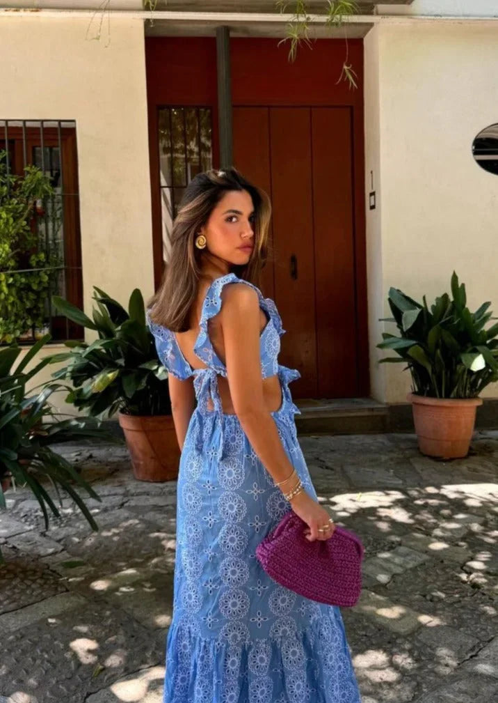 Robe longue bleue sans manches à motifs circulaires | Coupe féminine + Style élégant + Facile à accessoiriser – ROBEMODE