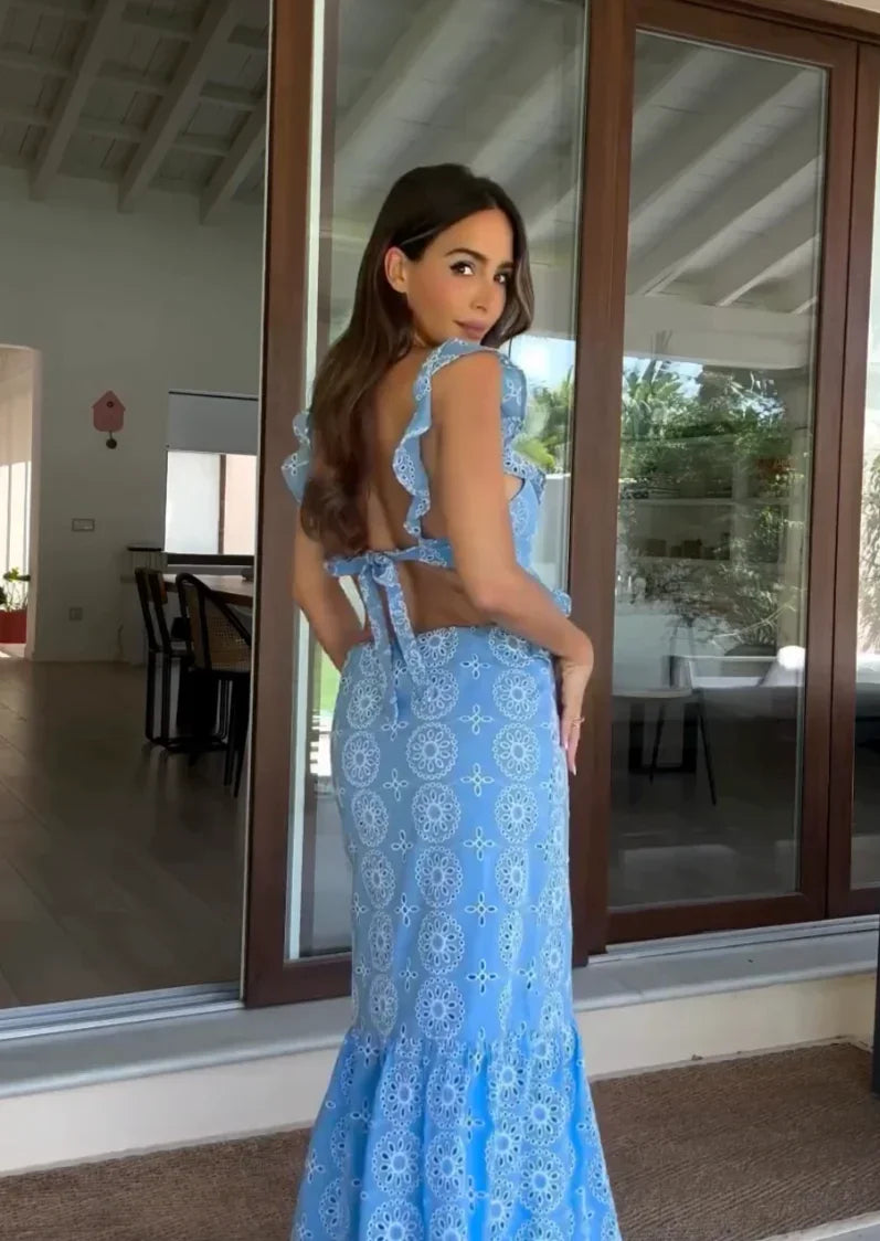 Robe longue bleue sans manches à motifs circulaires | Coupe féminine + Style élégant + Facile à accessoiriser – ROBEMODE