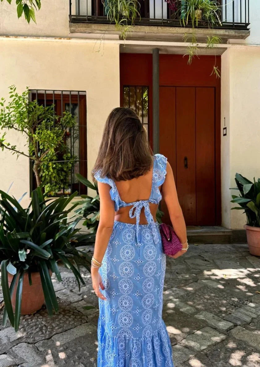 Robe longue bleue sans manches à motifs circulaires | Coupe féminine + Style élégant + Facile à accessoiriser – ROBEMODE
