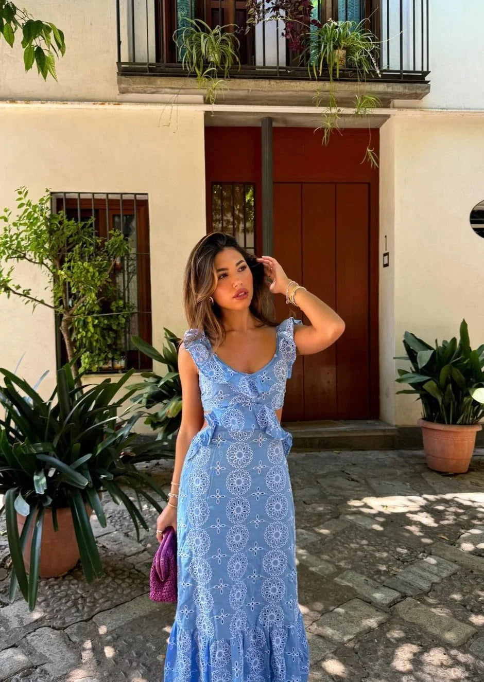 Robe longue bleue sans manches à motifs circulaires | Coupe féminine + Style élégant + Facile à accessoiriser – ROBEMODE