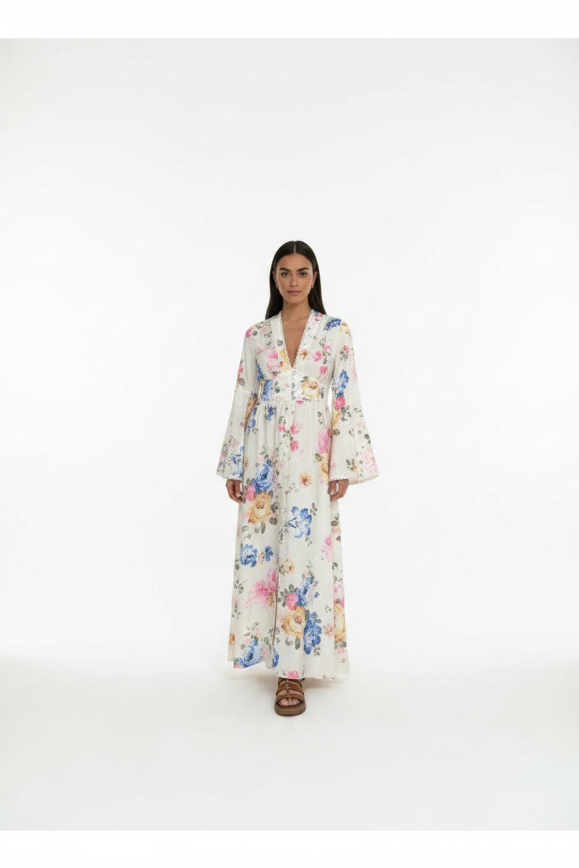 Robe longue bohème blanche motifs floraux manches longues | Coupe féminine + Style élégant + Facile à accessoiriser – ROBEMODE
