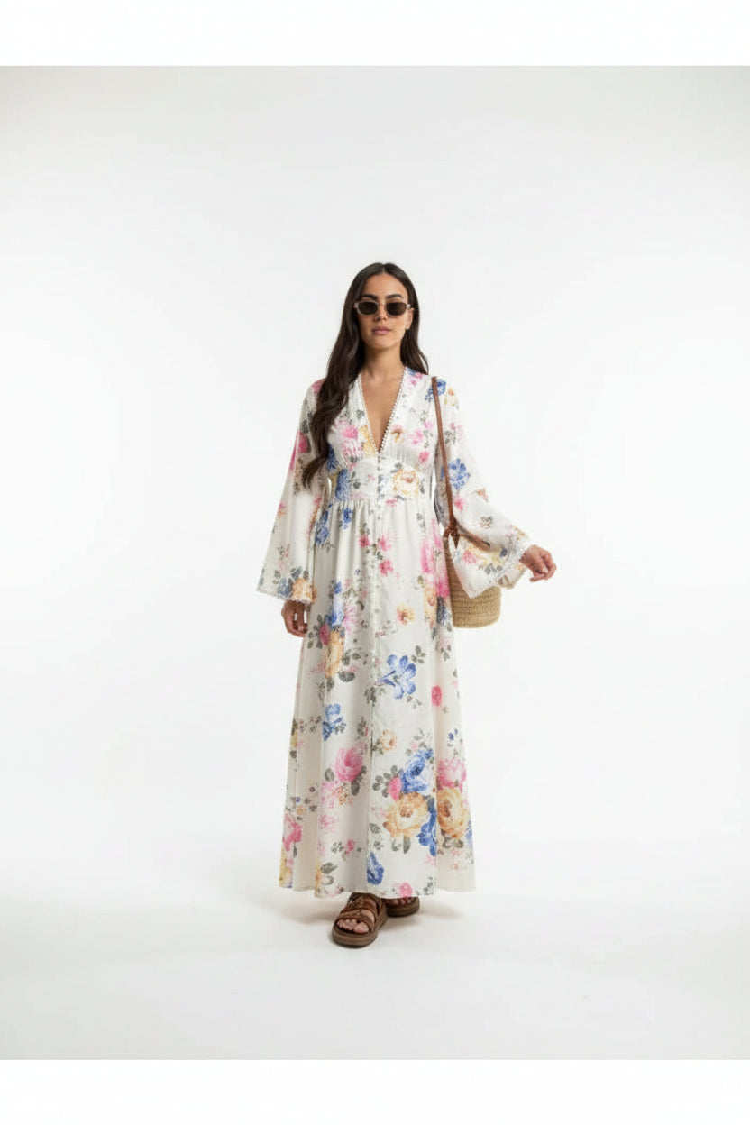 Robe longue bohème blanche motifs floraux manches longues | Coupe féminine + Style élégant + Facile à accessoiriser – ROBEMODE