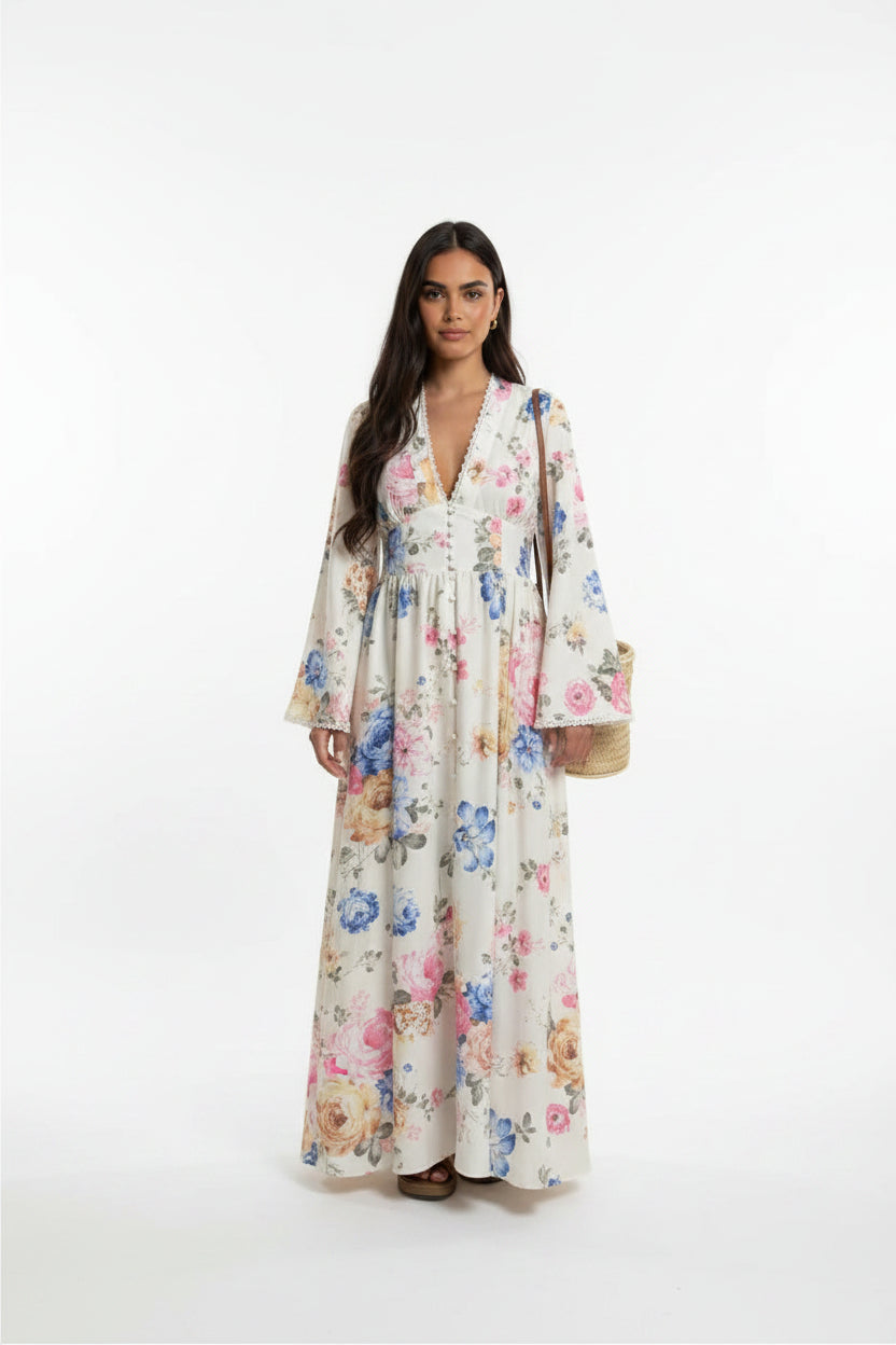Robe longue bohème blanche motifs floraux manches longues | Coupe féminine + Style élégant + Facile à accessoiriser – ROBEMODE