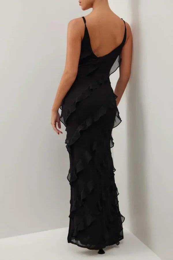 Robe longue fendue femme avec volants et bretelles fines