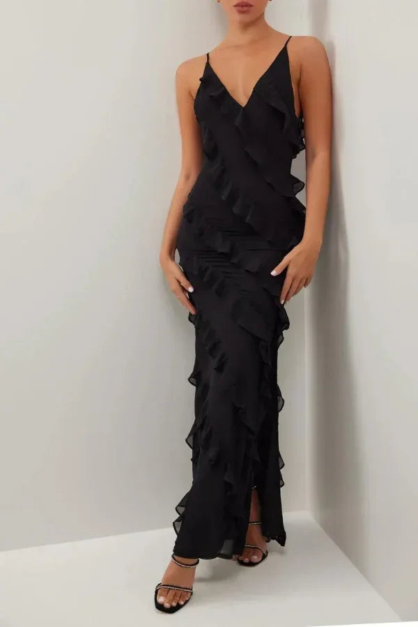 Robe longue fendue femme avec volants et bretelles fines