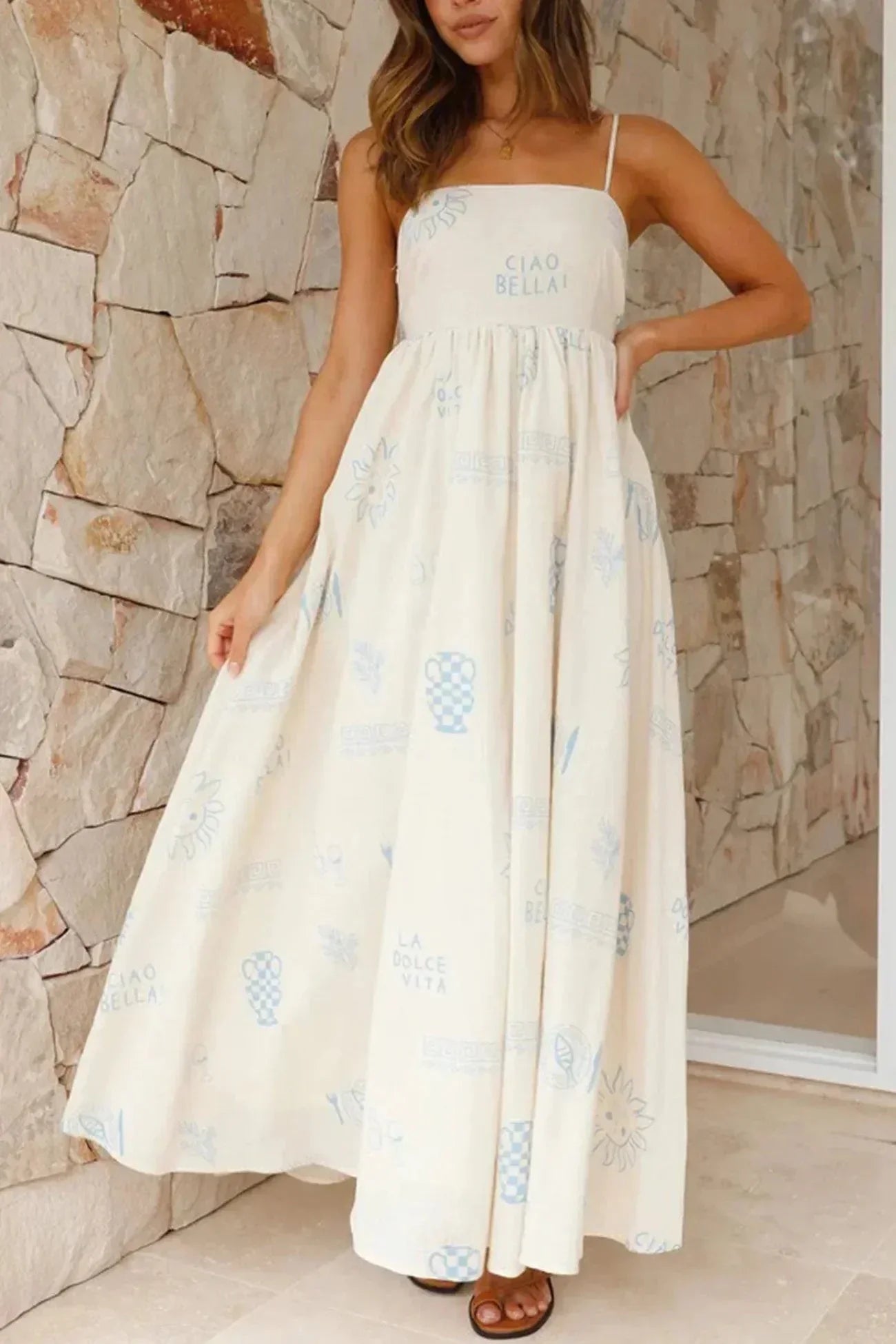 Robe longue imprimée blanche bretelles fines été