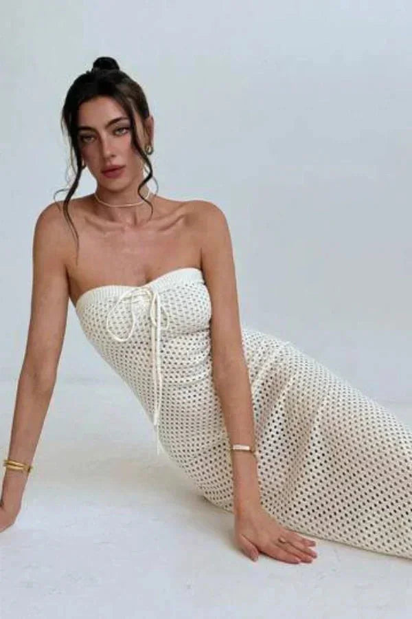 Robe longue femme crochet crème bustier ajustée
