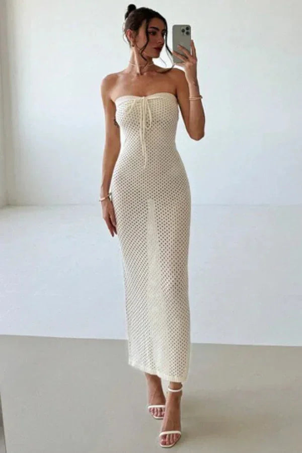 Robe longue femme crochet crème bustier ajustée