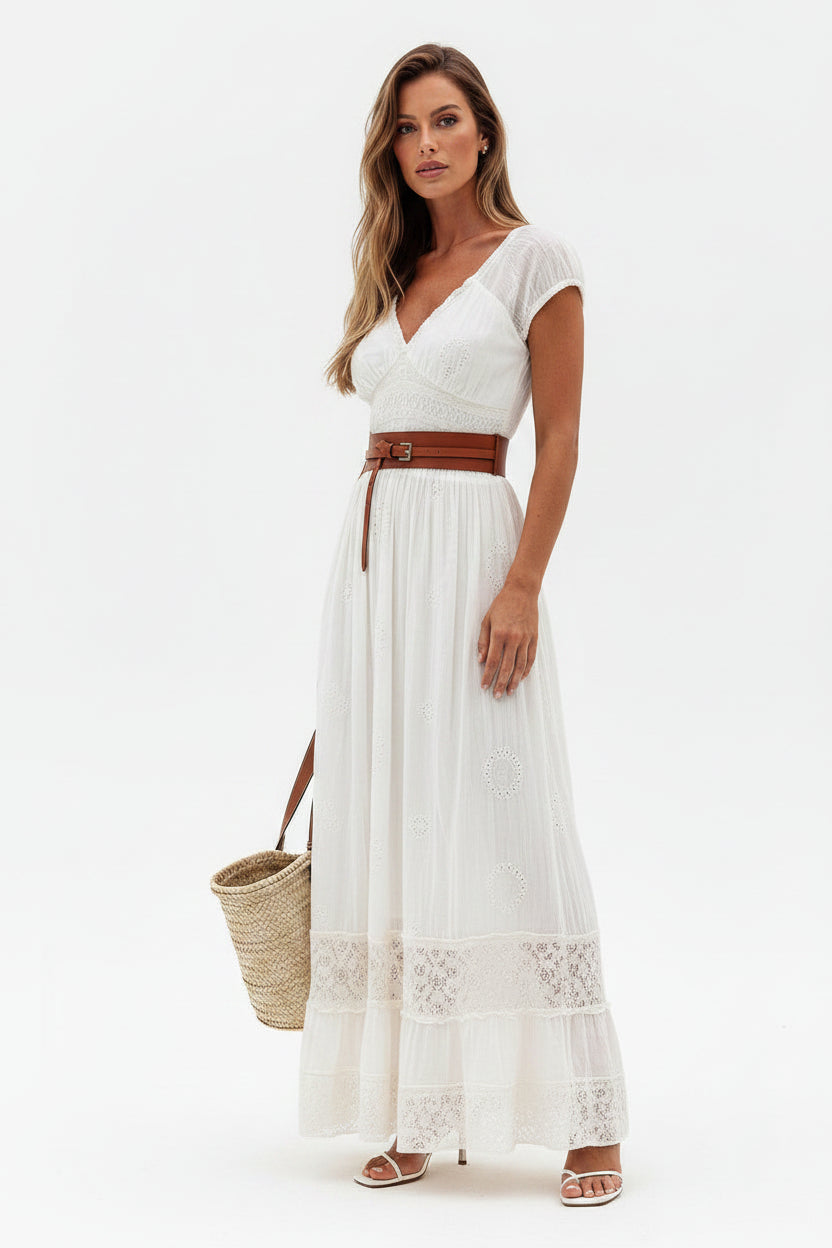Robe longue femme avec dentelle ajourée et ceinture | Coupe féminine + Style élégant + Facile à accessoiriser – ROBEMODE
