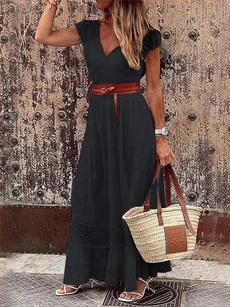 Robe longue femme avec dentelle ajourée et ceinture | Coupe féminine + Style élégant + Facile à accessoiriser – ROBEMODE