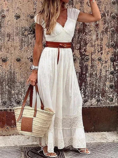 Robe longue femme avec dentelle ajourée et ceinture | Coupe féminine + Style élégant + Facile à accessoiriser – ROBEMODE