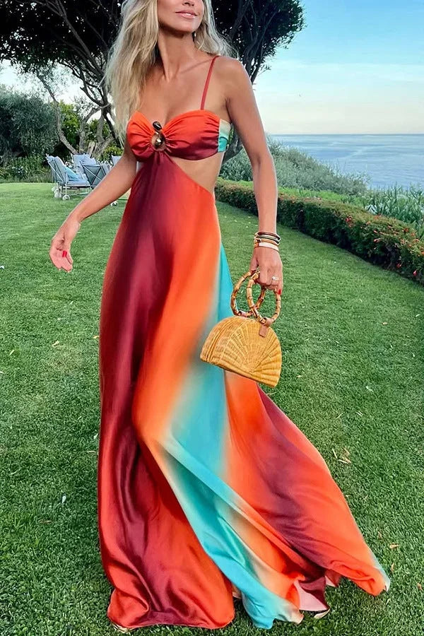 Robe longue femme dégradé rouge turquoise soirée été | Coupe féminine + Style élégant + Facile à accessoiriser – ROBEMODE
